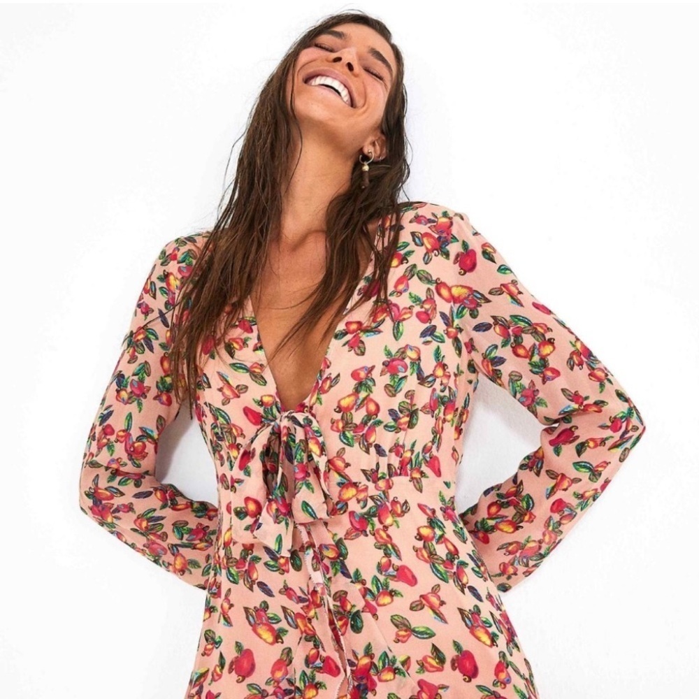 FARM Rio Pink Tie-Front Mini Dress with Multicolor Fruit Motif